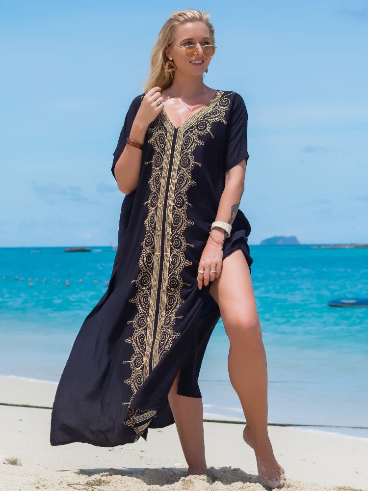 Embroidered Kaftan Long Black Tunic Loose Maxi Dress