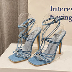 Design Narrow Band Buckle Strap Sandals Square Toe Thin High Heels