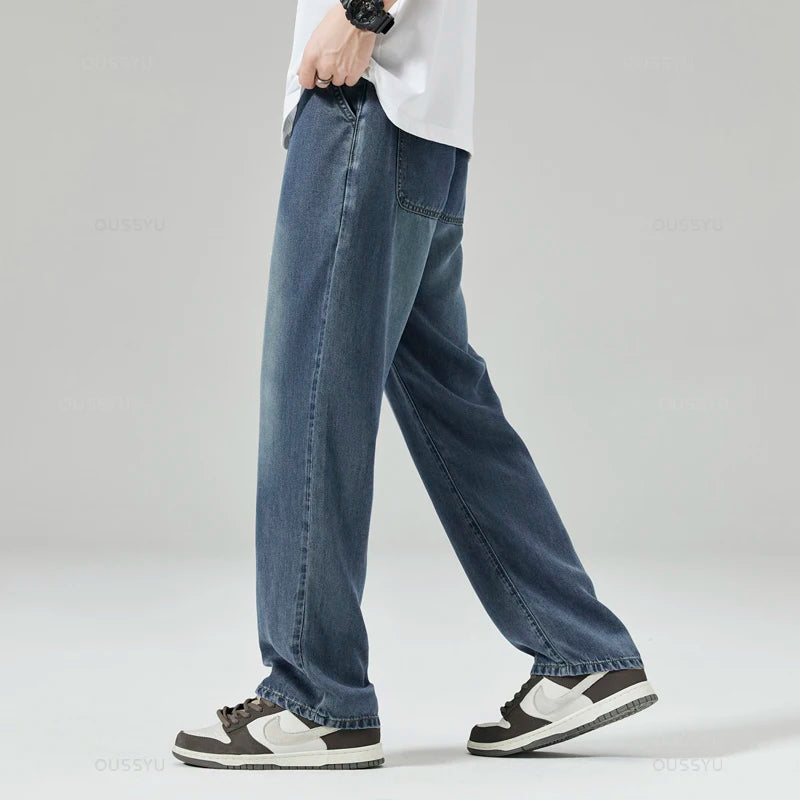 Summer Men's Jeans Loose Straight Pants Elastic Waist