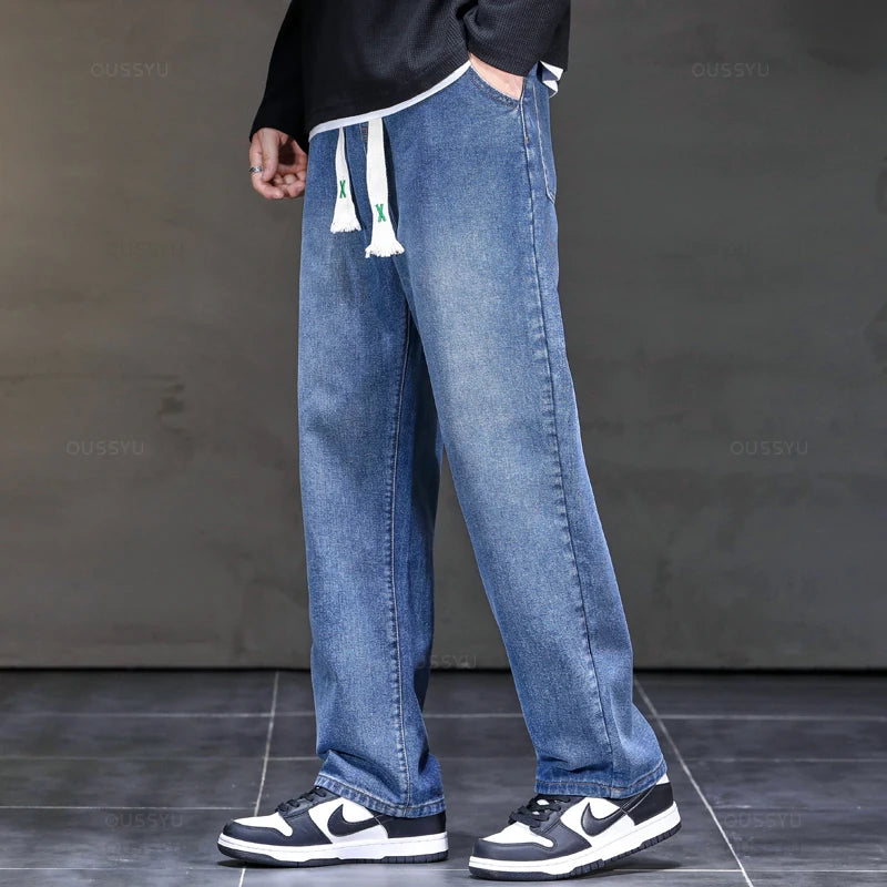 Jeans Men Loose Straight Drawstring Elastic Waist Casual Denim Trousers