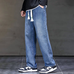 Jeans Men Loose Straight Drawstring Elastic Waist Casual Denim Trousers