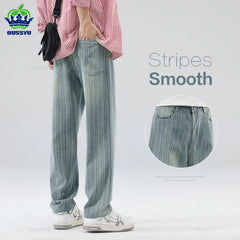 Classic Retro Stripes Men's Jeans Baggy Straight Denim Pants Striped