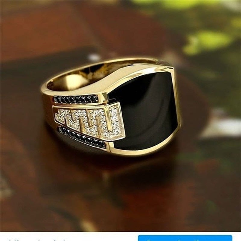 Classic Ring Fashion Metal Gold Color Inlaid Black Stone