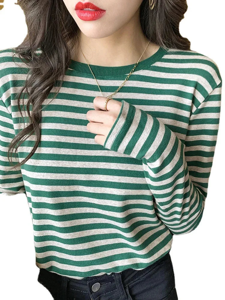 Fashion Stripe T-shirts Women O-neck Long Sleeve