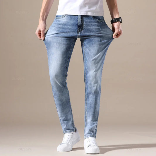 Clothing Jeans Men Stretch Light Blue Denim Fashion Pleated Retro Pocket