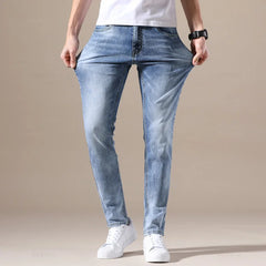 Clothing Jeans Men Stretch Light Blue Denim Fashion Pleated Retro Pocket