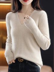 Women Wool V-neck Sweater Jumpers Solid Pullovers Tops