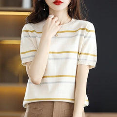 Women Short Sleeve O-neck Knit Tops Stripe Fashion Pullover