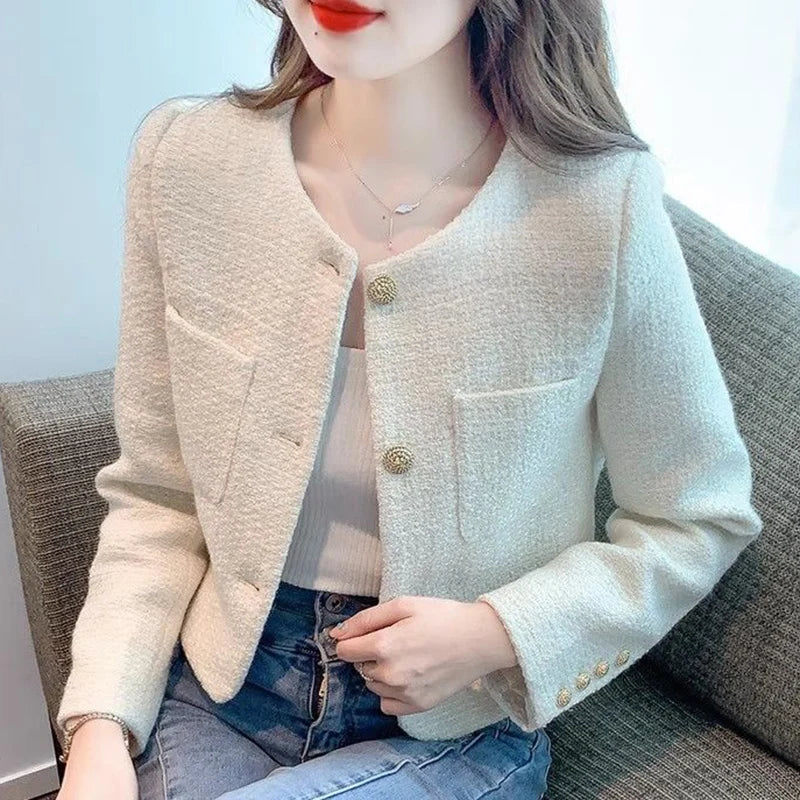 Fashion Tweed Cropped Jackets Round Neck Chic Coat