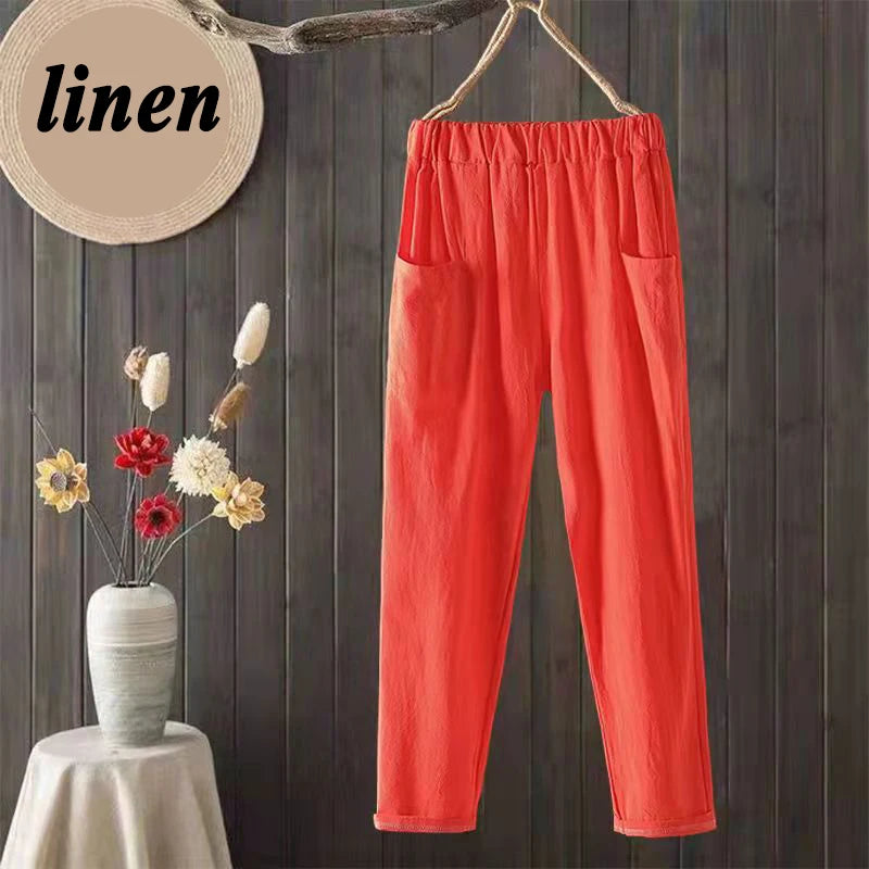 Summer Cotton Linen Pants Solid Color Elastic Waist Pocket Trousers