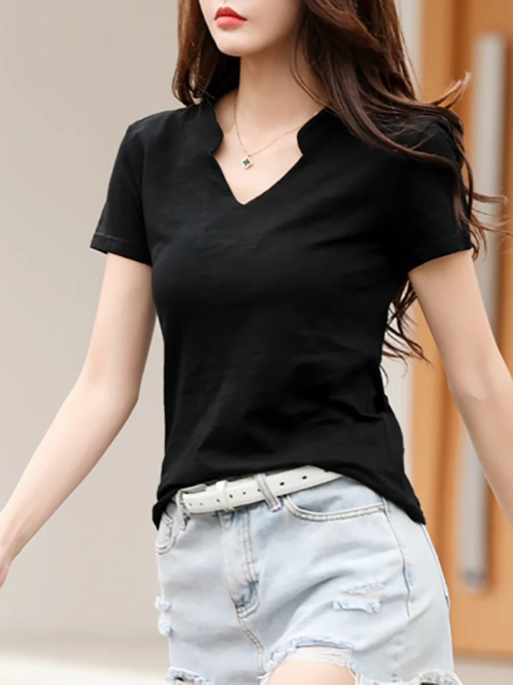 Cotton T-Shirt Cotton V-Neck Soft Basic Fashion Classic Tops