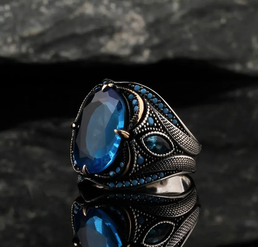 Vintage Oval Inlaid Blue Zircon Stones Men Rings