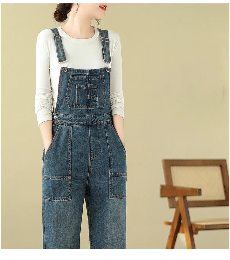 Women's Denim Jumpsuit Fashion Style Loose Casual Multi Pocket