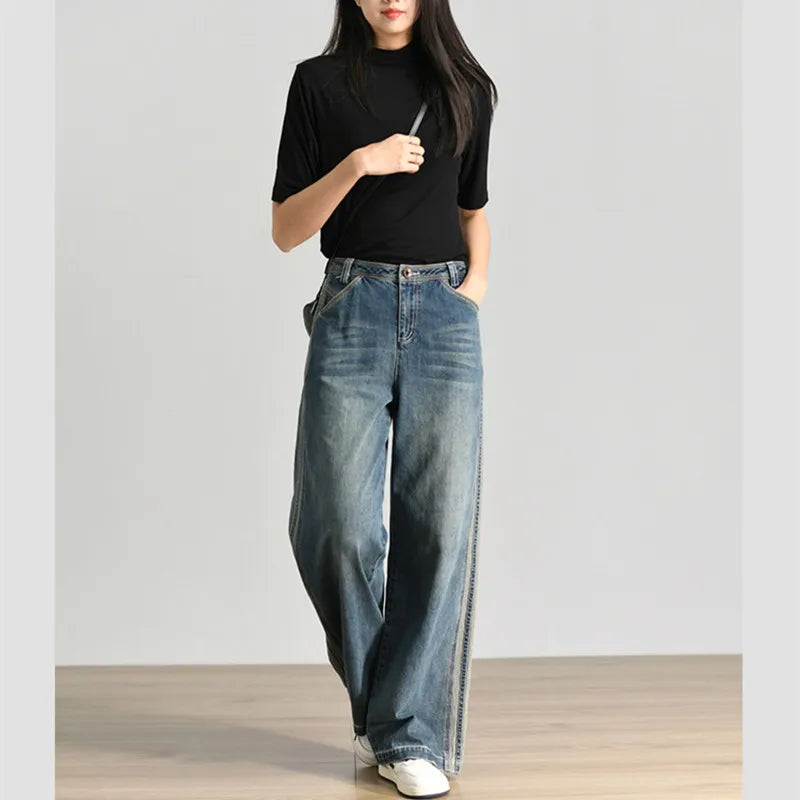 Fashion Patchwork Striped Wide Leg Open Denim Pants