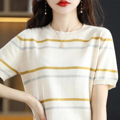 Women Short Sleeve O-neck Knit Tops Stripe Fashion Pullover