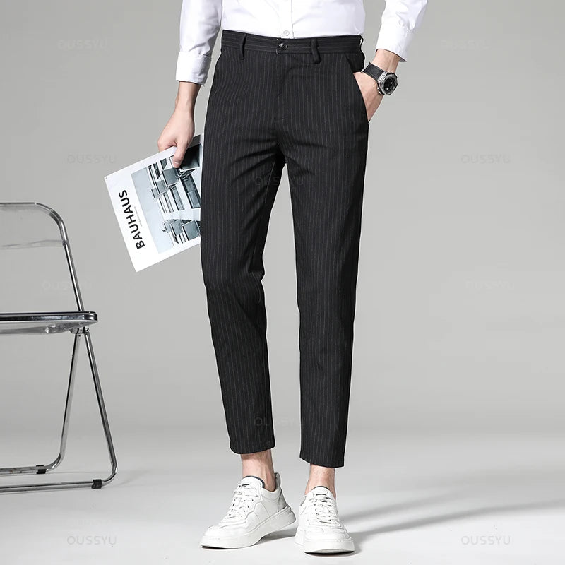 Plaid Stripe Ankle Length Men Business Long Length Pant