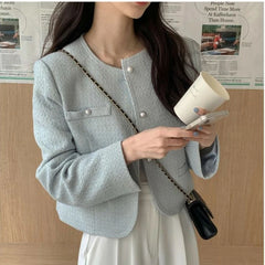 Fashion Round Neck Jacket Women Elegant Single Breasted Long Sleeve Coats