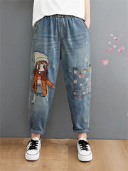 Embroidery Denim Pants For Women Trendy Casual High Waist