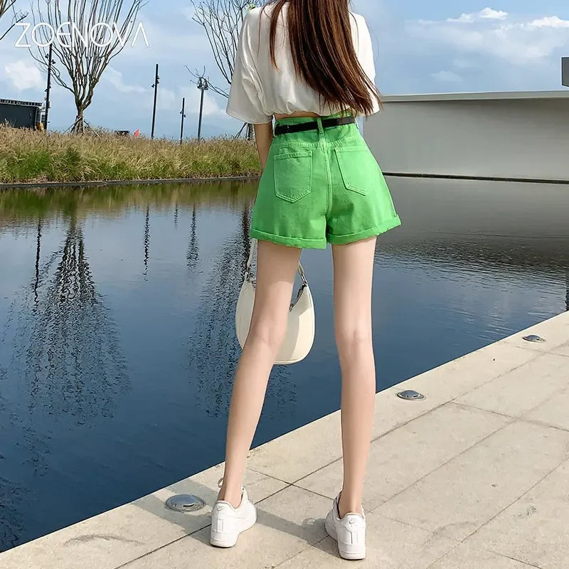 High Waist Streetwear Solid Cuffed Design Denim Shorts