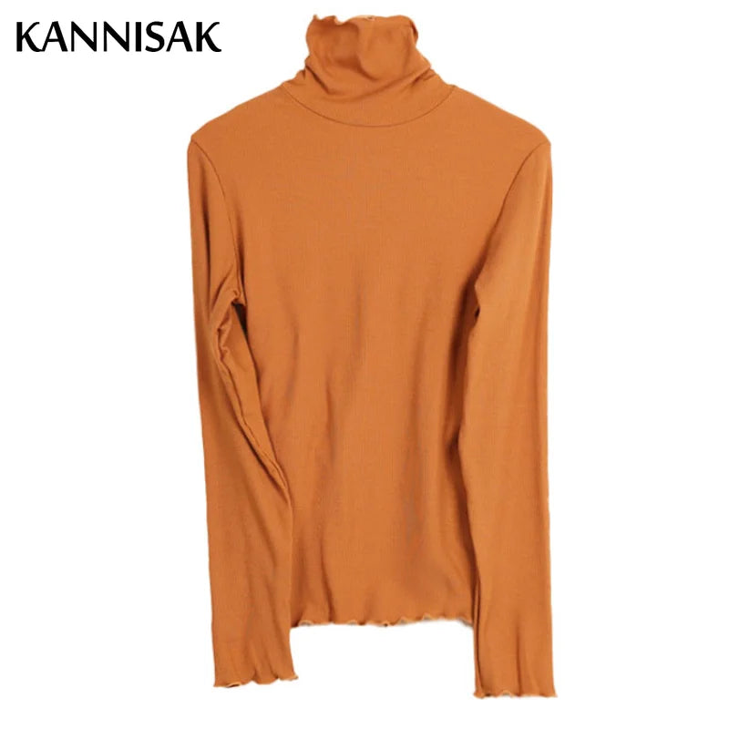 Women T-shirt Turtleneck Long Sleeve Slim Fit Tops