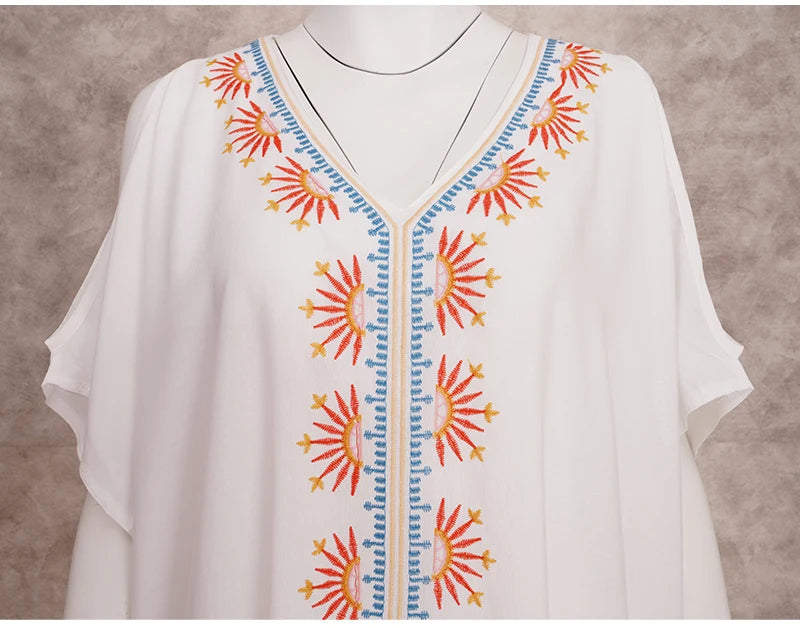 Long White Embroidered Plus Size Kaftan Maxi Dress