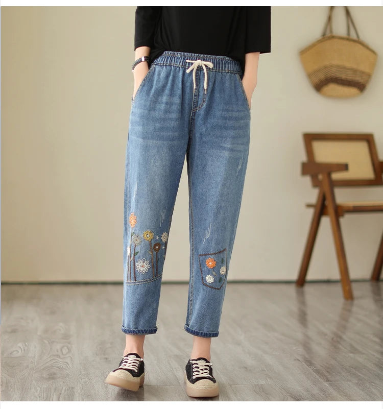 Design Flower Embroidery Jeans  Casual Loose Vintage Style