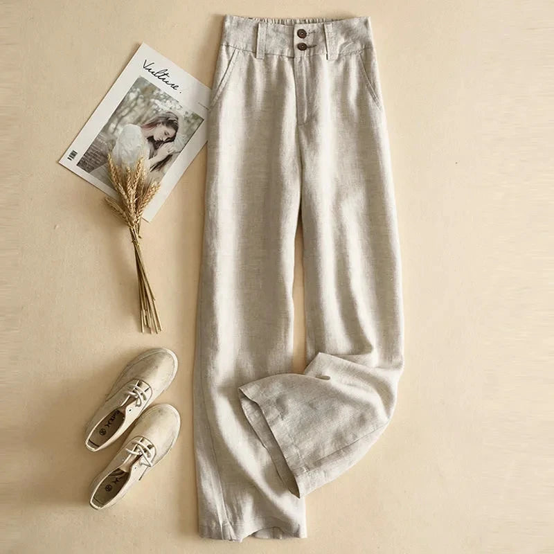 Fashion Cotton Linen Pants Elegant High Waist Wide Leg Trouser