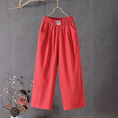 Summer Elastic Waist Women's Pants Casual Solid Cotton Linen Ankle Length