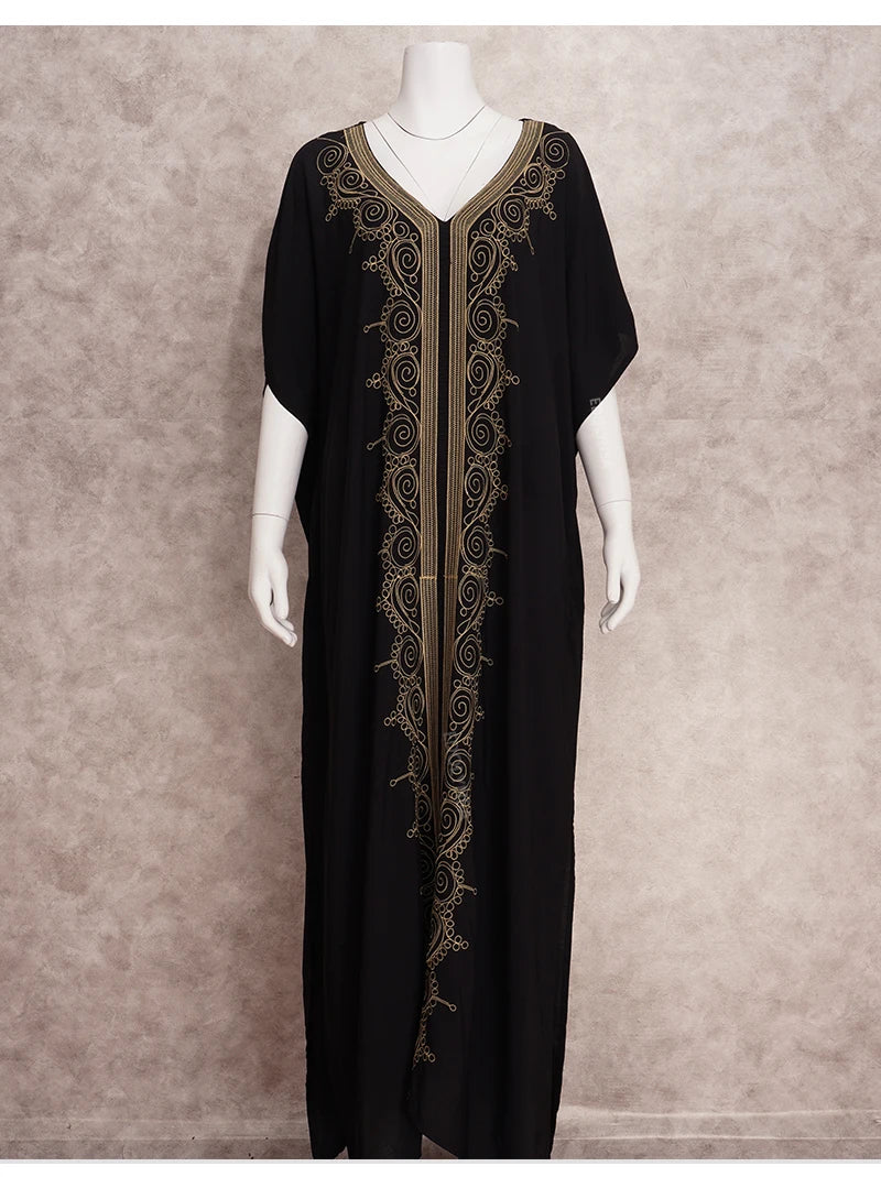 Embroidered Kaftan Long Black Tunic Loose Maxi Dress