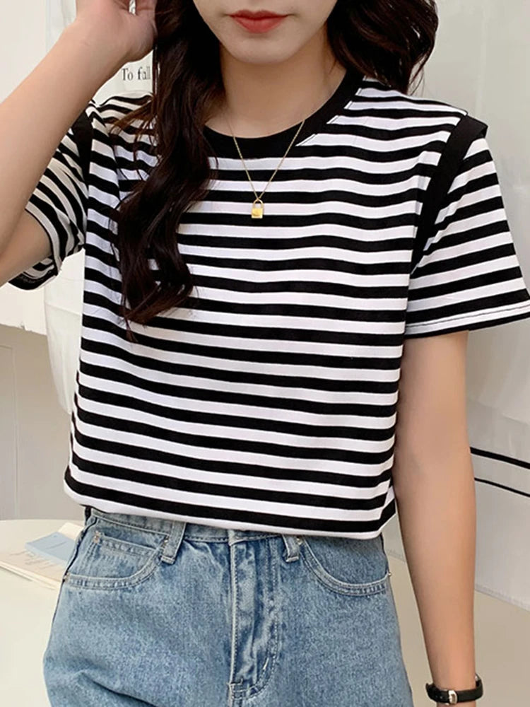 Striped T-shirts Women Top Tee Summer Cotton Short Sleeve Casual