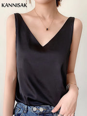 Summer Tank Tops Silk V-neck Ladies Camis Solid Casual Basic