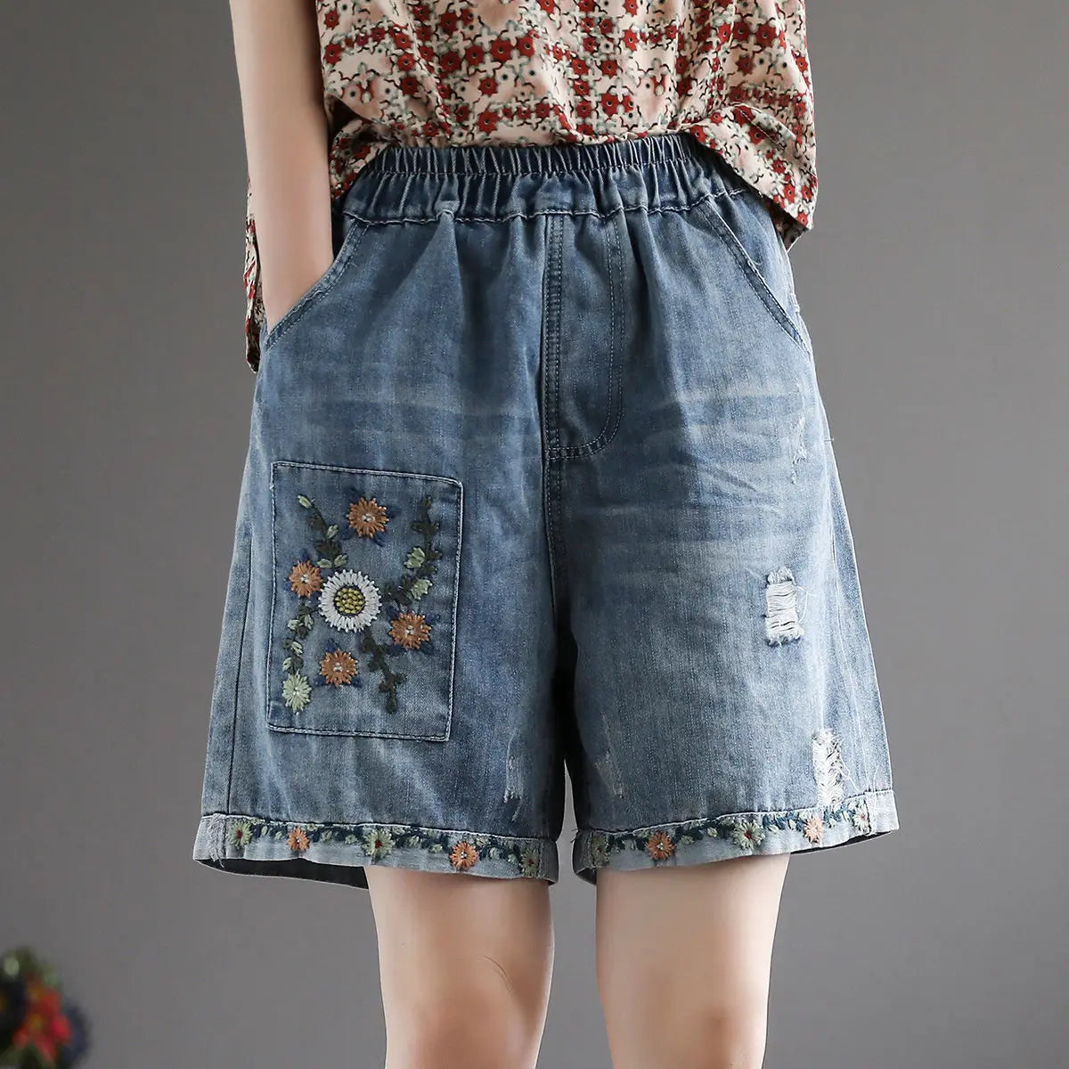 Style Classic High Waist Denim Shorts Summer Trendy Patchwork