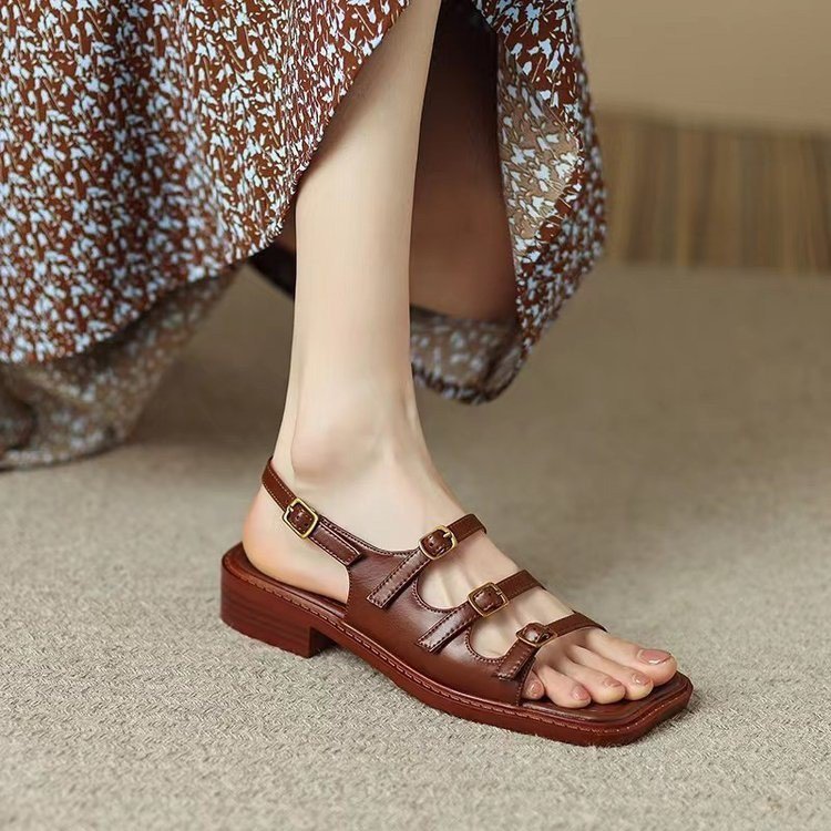 Summer French Retro Roman Sandals Square Toe Low Heel