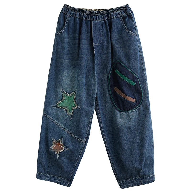 Fashion Vintage Chic Star Patchwork Jeans Retro