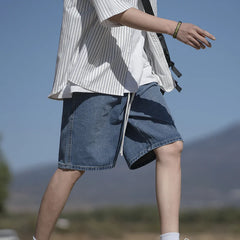 Men's Summer Baggy Straight Denim Shorts Elastic Waist Fashion