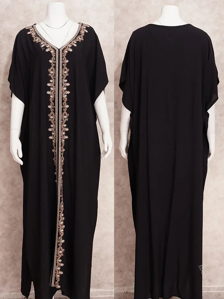 Embroidered Kaftan Long Black Tunic Loose Maxi Dress