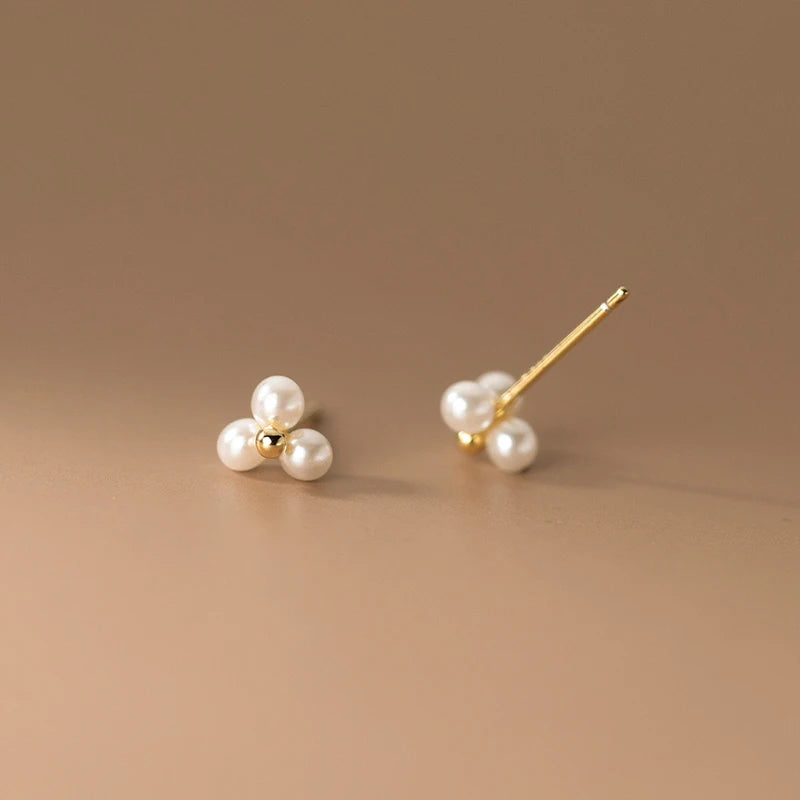 Silver Classic Simple Three Synthetic Pearl Small Stud Earrings