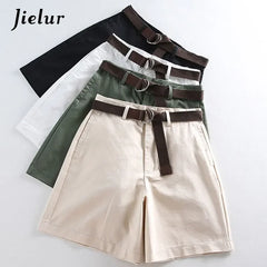 Shorts All-match 4 Solid Color Sashes Casual Shorts A-line High Waist