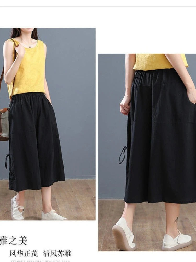 Summer Casual Elastic Waist Wide Leg Pants Large Size