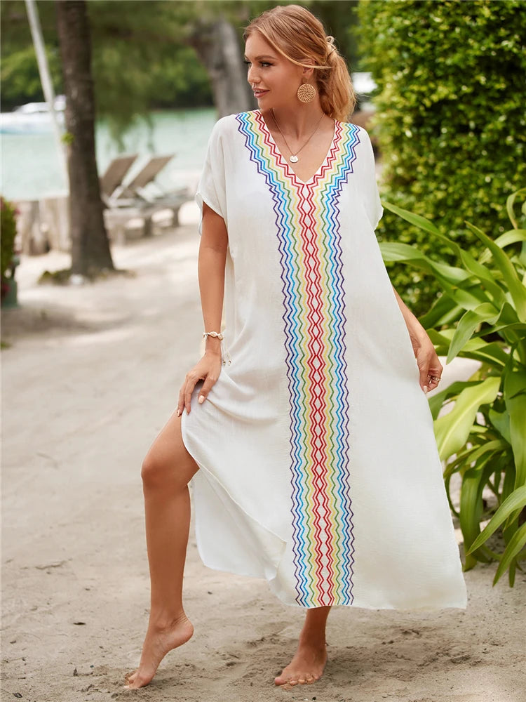 Embroidered Kaftan Retro V-neck White Dress Plus Size