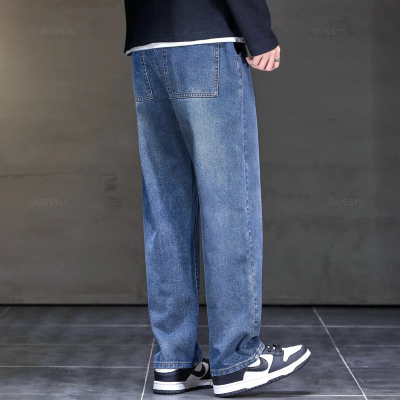 Jeans Men Loose Straight Drawstring Elastic Waist Casual Denim Trousers