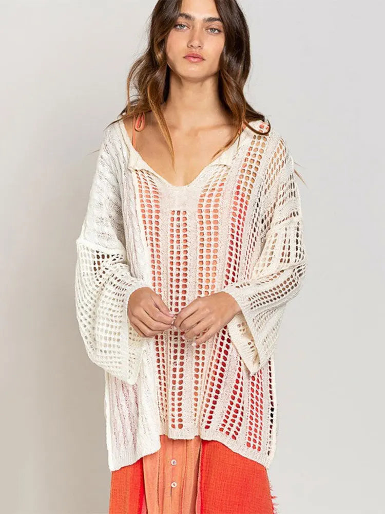 Hollow Out V Neck Long Sleeve Knitting Bikini Cover-ups