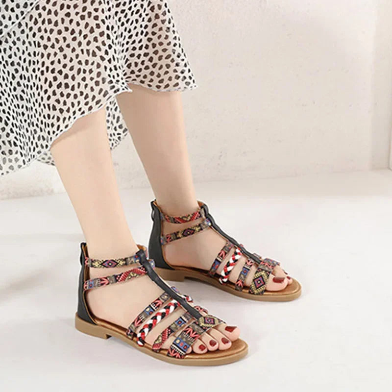 Women's Large Sandals Summer Bohemian Retro zipper Rhinestone  Flat Shoe