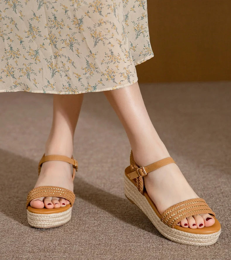 Summer Women Buckle Sandals Hemp Rope Wedges Shoes Outdoor