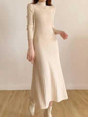 Long Sleeve Midi Knitted Half High Collar Elegant Knitted Sweater Dresses