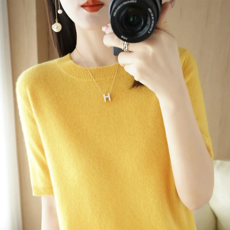 Sweater Short Sleeve O-neck Slim Fit Knitted Pullovers