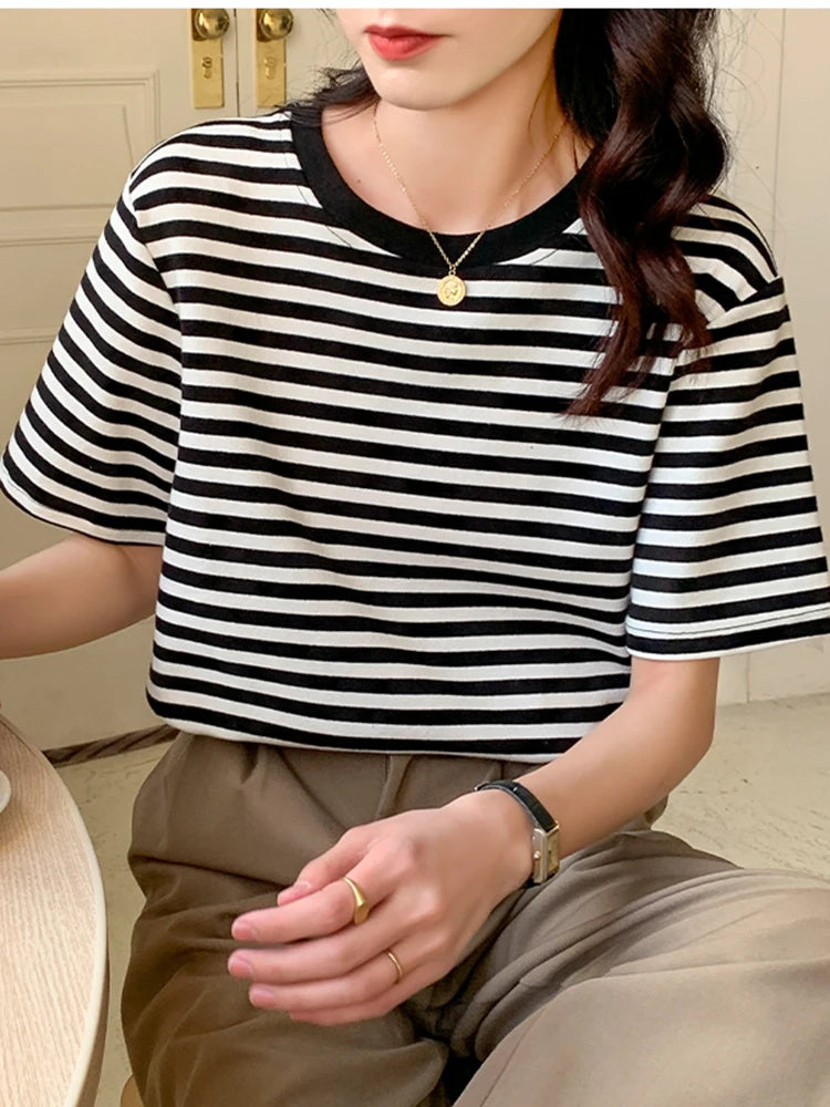 Women Stripes Vintage Tops O Neck Short Sleeve Pullover