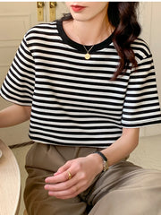 Women Stripes Vintage Tops O Neck Short Sleeve Pullover