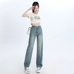 Woman Jeans High Waist Wide Leg Jean Cotton Denim Clothing Straight Leg