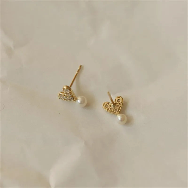 Plated Stud Earrings Mock Pearl Zircon Heart Earrings